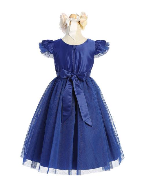 Girls Royal Blue Satin Crystal Tulle Flutter Sleeve Flower Girl Dress 2-16 - SophiasStyle.com Back